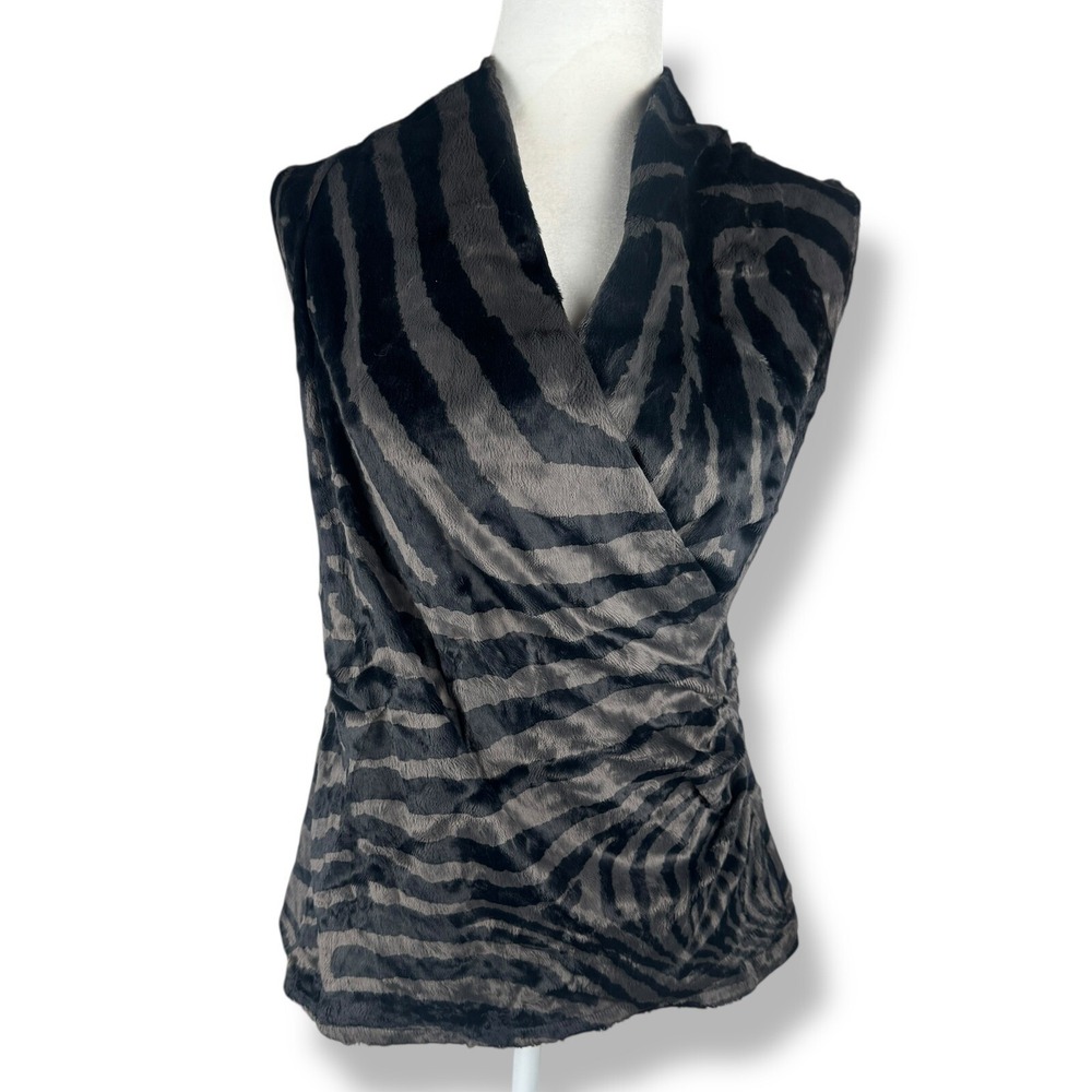 Runway‎ Faux Fur Sleeveless Shirt Women Size Medium Animal Print Zebra Edgy Punk